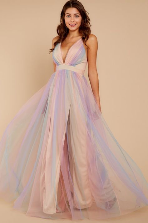 Dreamy Pastel Rainbow Gown - Deep V Tulle Maxi - Maxi Dress - $72.00 – Red Dress Boutique Maternity Maxi Dress Outfit, Rainbow Gown, Rainbow Dresses, Pastel Dresses, Pastel Color Dress, Hello 30, Neon Prom Dresses, Baby Milo, Short Dress White