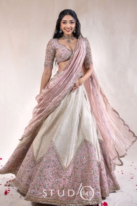 Pastel Lehenga Wedding, South Indian Fashion, South Fashion, Saree Color Combinations, Wedding Dress Brands, Simple Lehenga, Latest Bridal Lehenga, Half Saree Lehenga, Wedding Lehenga Designs