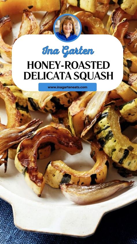 Ina Garten Honey-roasted Delicata Squash Baking Delicata Squash, Delicata Squash Appetizer, Black Futsu Squash Recipes, Roasted Delicata Squash Recipe, Delicate Squash Recipes, Ina Garten Roasted Vegetables, Delicata Squash Roasted, Squash Appetizers, Delicate Squash