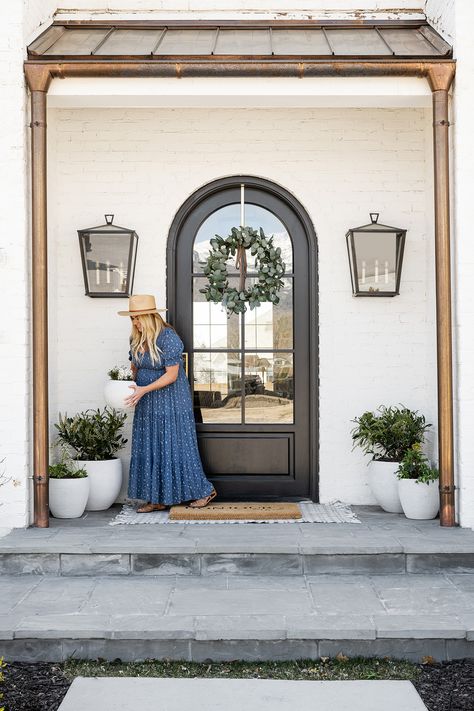 The McGee's Summer Front Door Look - Studio McGee Mcgee And Co Front Porch, Studio Mcgee Front Door Colors, Studio Mcgee Porch, Front Door Lights Exterior, Outside Lights Front Door, Mcgee Front Porch, Front Door Planters Entrance, Summer Planters Front Door, Front Door Lighting Exterior