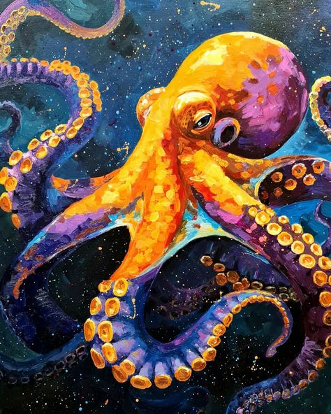 Space Octopus. Acrylic on canvas. Inspired by the sea and space. My painting is available. 60*80cm. Shipping to the USA is available. Price: 310 $ usd Underwater Octopus Painting, Watercolor Art Octopus, Squid Watercolor Painting, Undersea Painting Acrylic, Oil Paint Animals, Acrylic Paint Animals, Aquatic Life Art, Painting Of Octopus, Octopus Canvas Painting