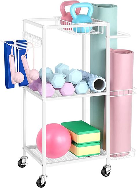 Workout Room Organization, Workout Equipment Storage, Cute Home Gym, Gym Room Ideas, Gym Equipment Storage, Yoga Storage, Gym Rack, Home Gym Storage, Gym Storage