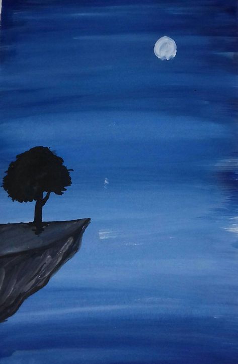 Easy Night Paintings For Beginners, Lukisan Alam Simple Cat Air, Sky Drawings Easy, Painting Ideas Night Sky Easy, Night Sky Easy Painting, Paint Scenery Easy, Sky Painting Ideas Easy, Nighttime Paintings Easy, Poster Drawing Ideas Easy