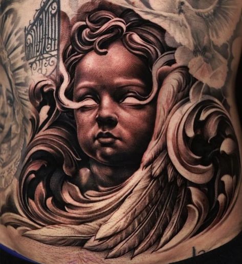 Tattoo Chicano Style, Cherubim Angels Tattoo, Cherub Tattoo Designs, Big Tattoos, Aztec Drawing, Chicano Tattoos Sleeve, Cherub Tattoo, Mexican Art Tattoos, On Tattoo