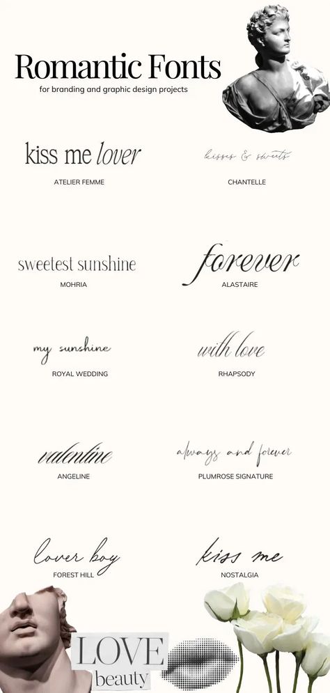 Are you looking to add a romantic element to your branding and graphic design projects? Look no further than these romantic fonts, perfect for adding that extra touch of love and romance to your projects. Whether you are wanting to add a touch of whimsical charm or evoke a feeling of unrequited love, these fonts will provide the perfect backdrop for your design. Whimsical Canva Fonts, Romantic Font Pairings, Feeling Passionate Font Combination, Romantic Fonts Canva, Romantic Typography Design, Perfectly Loved Tattoo, Romance Tattoo Words, Sophisticated Branding Design, Canva Wedding Font Combinations