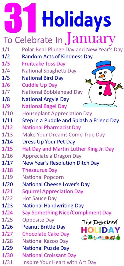 31 Holidays to celebrate in January. Make January even more festive with these wacky and silly #thingstodoinjanuary #januaryholidays #wackyholidays January Holidays Calendar, January Days To Celebrate, January 1st Traditions, Daily Holidays Calendar, National Days In January 2024, January Activities For Senior Citizens, 2023 Holiday Calendar, January Holidays 2023, January Post Ideas