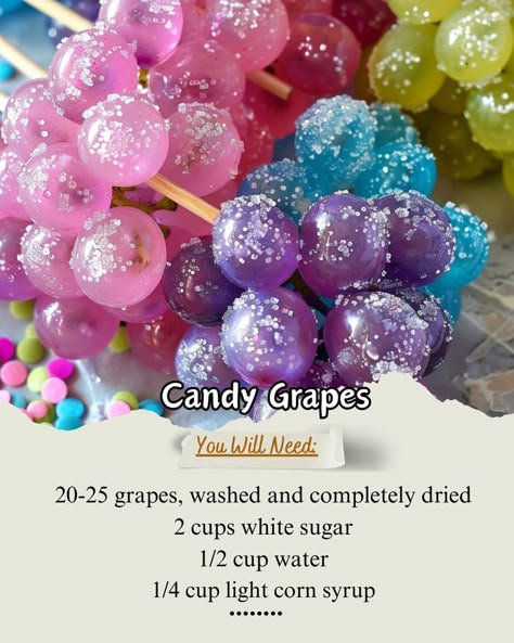 20-25 grapes, \n2 cups sugar,\n1/2 cup water, \n1/4 cup corn syrup\nInsert a skewer into each grape. \nCombine sugar, water & syrup, cook to 300F. \nStir in white gel food coloring & flavored oil. \nDip grapes & roll in sprinkles. \nDry 15 minutes or refrigerate 10 min.\n#Glutenfree #Veganfriendly #CustomizedGifts #FoodDecor #PartyTreats #SweetDelights Grapes Snack, Candied Grapes Recipe, Candied Fruit Recipes, Candied Grapes, Candy Grapes, Hard Candy Recipes, Christmas Candy Easy, Grape Recipes, Candy Recipes Homemade