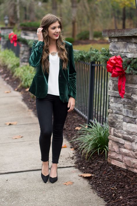 Christmas Party Outfit Idea | Styling Green Velvet Blazer - Chasing Cinderella Crushed Velvet Blazer Outfit, Green Corduroy Blazer Outfit, Christmas Blazer Outfits For Women, Velour Blazer Outfit, Green Velvet Blazer Outfit Women, Emerald Green Jacket Outfit, Christmas Business Casual Outfits, Green Velvet Jacket Outfit, Green Velvet Blazer Outfit