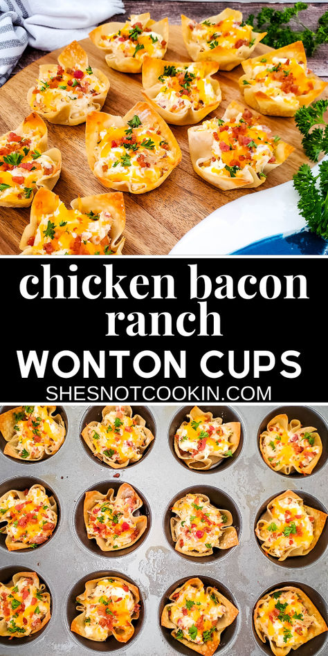 Chicken bacon ranch wonton cups on a wooden board. Ranch Wonton Cups, Ranch Appetizers, Chicken Wonton Cups, Wonton Cups Appetizers, Cheesy Ranch Chicken, Wonton Appetizers, Creamy Cheesy Chicken, Bacon Recipes Appetizers, Party Food Bar