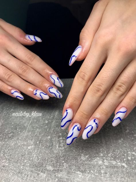 18th Birthday Decorations, Almond Acrylic, Long Nail Designs, Lines On Nails, Almond Acrylic Nails, Blue Lines, Acrylic Nails Designs, Short Acrylic Nails Designs, Short Acrylic