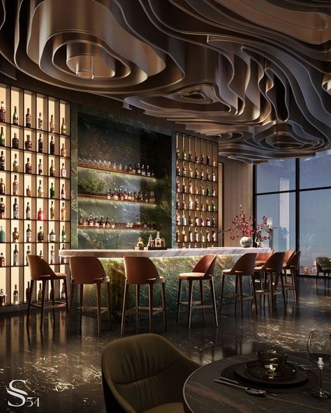 Design project of restaurant interior in Dubai | Studia 54 Bar Counter Design Ideas, Premium Restaurant, Luxury Restaurant Interior, Pik 2, Bar Ceiling, Bar Counter Design, Japanese Bar, Movable Walls, Bar Ceilings