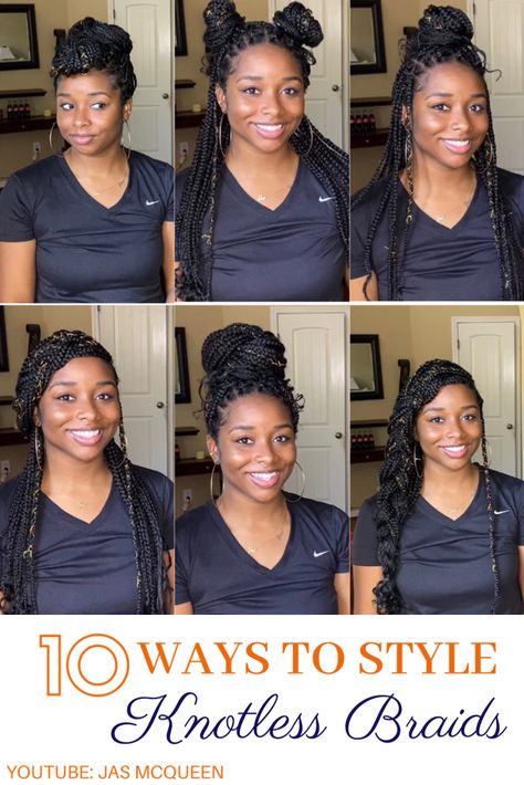 Click on the link to watch a YouTube video on 10 simple ways to style your knotless braids. Boho bun, mini knots, side braid to name a few. #diy #braidedhairstyles #braidstyles #braidedhair #knotlessboxbraids #knotless #boxbraids #boxbraidshairstyles How To Pack Scanty Braids, French Braid With Knotless Braids, Knotless Braids Hairstyles Updo Wedding, Styled Box Braids For Wedding, Bohemian Knotless Braids Updo, Updo Knotless Braids For Black Hair, How To Make A Bun With Knotless Braids, Knotless Braid Bun Tutorial, Knotless Braids With Curly Ends Updo