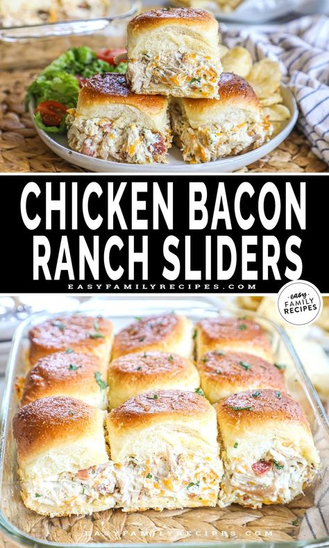 Chicken Bacon Ranch Sliders · Easy Family Recipes Chicken Bacon Ranch Sliders, Bacon Ranch Sliders, Ranch Sliders, Chicken Bacon Ranch Sandwich, Mini Sandwiches, Cooking Chicken To Shred, Hawaiian Rolls, Easy Weeknight Dinner, Chicken Bacon Ranch