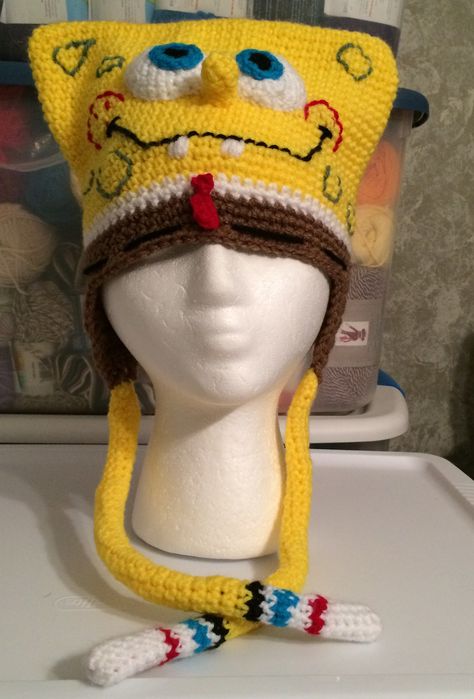 Spongebob Crochet Hat Crochet Elmo Hat, Crochet Spongebob Hat, Spongebob Crochet Hat, Crochet Cartoon Hat, Silly Crochet Hats, Gudetama Crochet, Spongebob Crochet, Crochet Spongebob, Crochet Baby Photo Prop