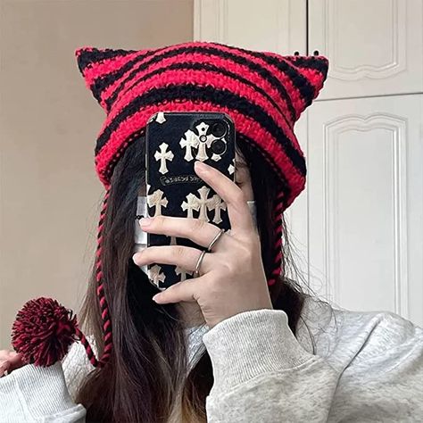 Cat Beanies Aesthetic, Cute Cat Beanie Crochet, Crochet Cat Beanie Aesthetic, Crochet Beanie Cat Ears, Cat Ears Cap, Crochet Cat Hat Red And Black, Knitted Wool Beanie, Cat Eared Beanie, Knitted Beanie Hat