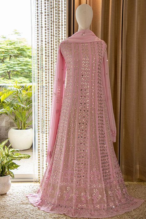 #ladiesfashion #ladieswear #fashionista SC021 *Authentic Lucknowie* Georgette Anarkali Georgette dupatta *No bottom* *Chikankari heavily accentuated with pearls, gotta, and mirrorwork* *Same work on back of Anarkali as front* *Slevees and dupatta with embroidered border* *Chikankari and pearl embroidery pattern will vary!* Price: 15,980/ Free shipping Anarkali can be stitched up to bust size: 48” Length: 56” Flair: 126” (front and back) Dupatta- Length: 90” Width: 40” *Total 18 Kalis Anarkali Georgette, Chikankari Anarkali, Georgette Anarkali Suits, Chic Cocktail Dress, Georgette Anarkali, Punjabi Outfits, Pearl Embroidery, Georgette Dupatta, Punjabi Salwar Suits