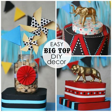 DIYCircusCenterpiece Circus Theme Centerpieces, Circus Party Centerpieces, Circus Centerpieces, Carnival Centerpieces, Vintage Circus Theme, Themed Centerpieces, Diy Carnival, Circus Decorations, Carnival Decorations