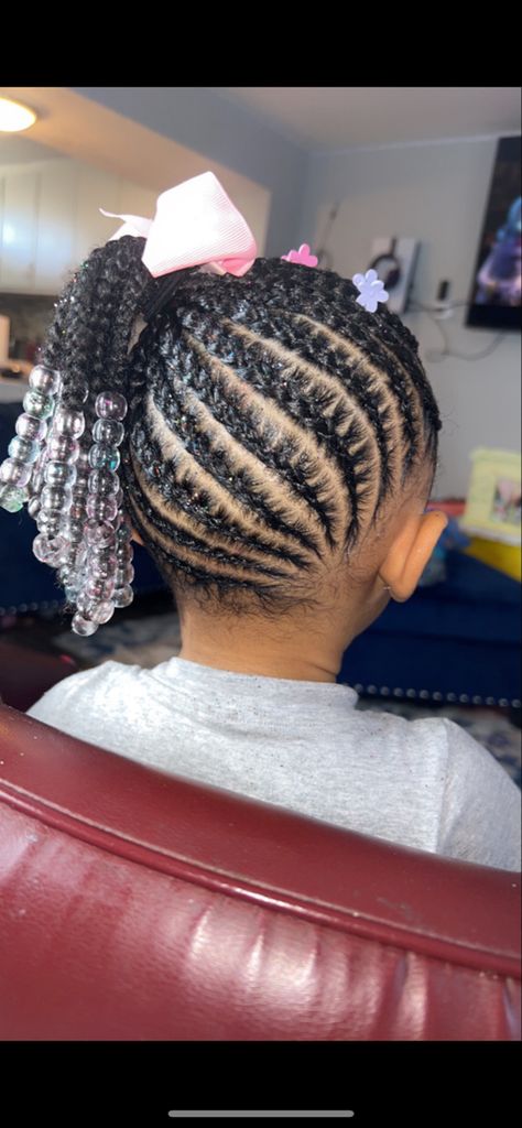 Kids Braided Ponytail With Beads, Bead Hairstyles For Kids Natural, Toddler Braided Hairstyles With Beads, Kids Braids With Beads, Head Braid, Side Braid Ponytail, Scalp Braids, Curled Ponytail, Ariel Hair