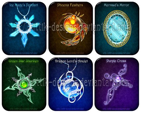 Magic items set (8) by Rittik-Designs on deviantART Rittik Designs, Emblem Ideas, Mermaid Mirror, Dream Flower, Magical Items, 귀여운 음식 그림, Purple Cross, Elemental Magic, Magic Items