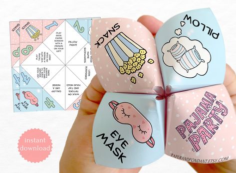 Slumber Party Fortune Teller with activities, Sleep over Cootie Catcher, Non Candy Paper Party Favor, Printable, Instant Download BD0250 Candy Paper, Cootie Catcher, Spell Your Name, Sleep Over, Fortune Teller, Slumber Party, Ice Breakers, Party Activities, Slumber Parties