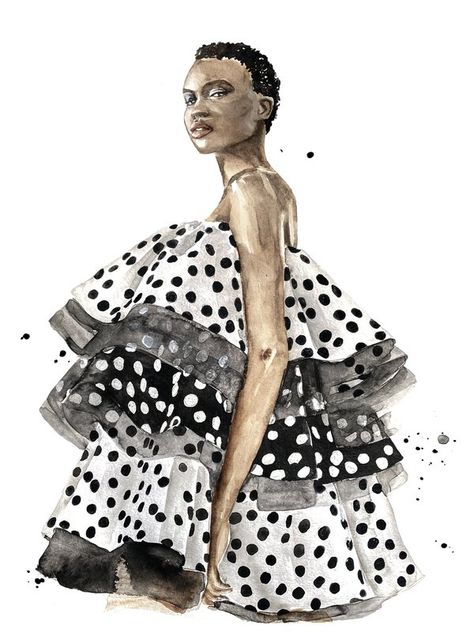 Black Suit by Caitlin McGauley on Artfully Walls | Artfully Walls Dress Watercolor, Dots Fashion, Fashion Illustration Collage, Dress Illustration, Artfully Walls, Dots Dress, Dot Print Dress, Polka Dots Fashion, Fashion Design Collection