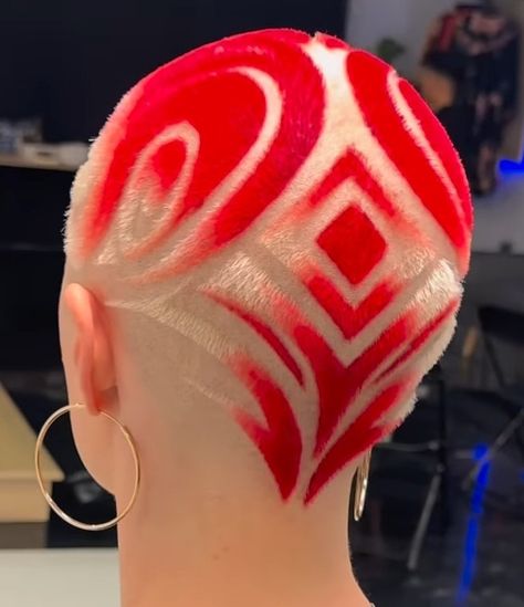 Shaved Hair With Designs, Shaved Designs In Hair, Dyed Buzzcut Women, Women Shaved Head, Buzzcut Dyed Hair, Buzzcut Designs, Dyed Buzzcut, Buzzcut Women, Shaved Head Designs