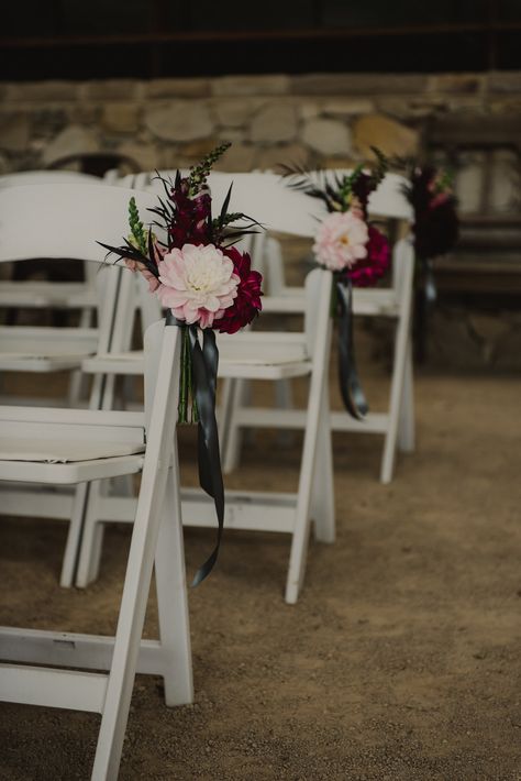 Burgundy Aisle Decor, Rose Petals On Table Wedding, Burgundy Aisle Flowers, Wedding Ceremony Chair Decorations, Signing Table Wedding Ceremony, Wedding Aisle Markers, Wedding Aisle Decorations Outdoor, Aisle Arrangements, Bendooley Estate