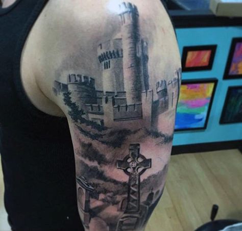 Realistic Irish Castle With Celtic Cross Mens Half Sleeve Tattoo Celtic Cross Tattoo For Men, Sean Tattoo, Half Sleeve Tattoos Lower Arm, Half Sleeve Tattoos Color, Celtic Cross Tattoo, Cross Tattoos For Men, Scottish Tattoos, Unique Half Sleeve Tattoos, Tat Inspiration