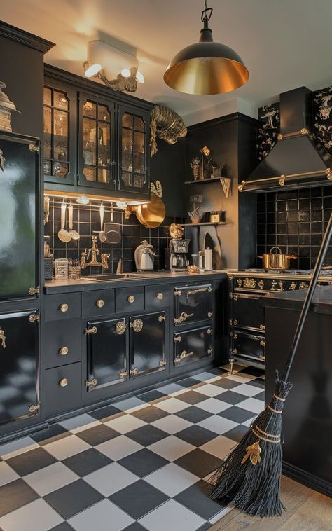 17 Witchy Kitchen Ideas for a Bewitching Cooking Space Witchy Kitchen Ideas, Modern Hearth, Dark Academia Kitchen, Rustic Home Inspiration, Retro Kitchen Design, Dark Maximalism, Granite House, Whimsigothic Home, Gothic Manor