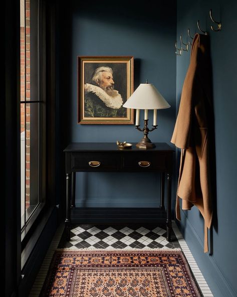 Entryway Tile, Timeless Interiors, Black And White Tiles, Design Moodboard, Blue Room, Blue Walls, Vintage Lamps, Drawing Room, Bedroom Designs