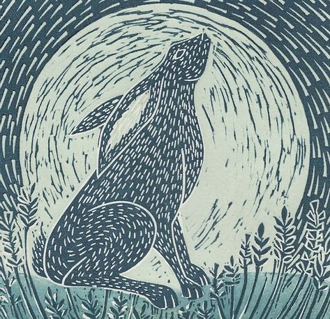 Lino Print Pattern, Lino Print Artists, Hare Drawing, Frightened Rabbit, Moon Gazing Hare, Lino Print Ideas, Printmaking Projects, Linocut Ideas, Moon Gazing Hares