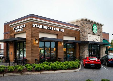 Starbucks Exterior Design, Starbucks Exterior, Cedar Lap Siding, Commercial Building Plans, Restaurant Exterior Design, Starbucks Design, Retail Facade, Commercial Design Exterior, Outdoor Restaurant Design