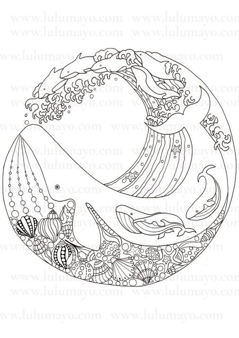 Wave Coloring Page, Mandala Seashell, Whale Coloring, Whale Coloring Pages, Arte Doodle, Pola Sulam, 자수 디자인, Humpback Whale, Blue Whale