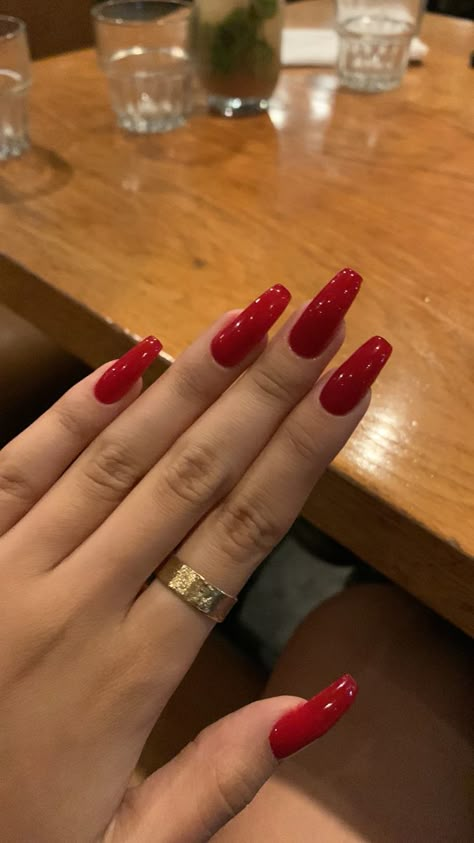 Red Nails No Design, Simple Red Nails Coffin, Red Acrylic Nails Straight, Long Red Coffin Acrylic Nails, Full Red Acrylic Nails, Bright Red Coffin Acrylic Nails, Red Ballerina Nails Long, Medium Coffin Red Nails, Gloss Red Nails