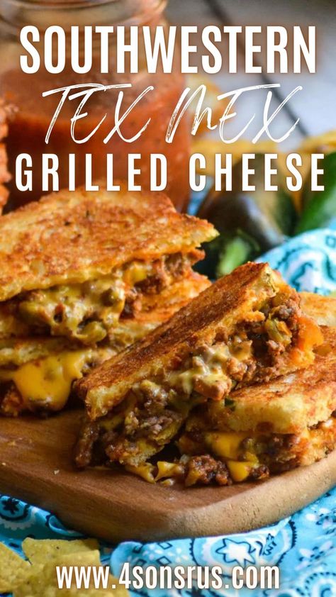 Southwestern Tex Mex Grilled Cheese. Tex Mex grilled cheese features ground beef seasoned with all the best southwestern flavors and gooey melted cheese between buttery slices of toasted bread. These sandwiches are a perfect update to the standard and a fun twist for taco night. Visit www.4sonsrus.com for the whole recipe Taco Grilled Cheese Recipes, Texas Toast Cheeseburger, Ground Beef Grilled Cheese Sandwich, Mexican Grilled Cheese, Taco Grilled Cheese Sandwich, Ground Beef Grilled Cheese, Texas Cheesesteak Melt, Recipes With Texas Toast, Texas Toast Sandwich Ideas