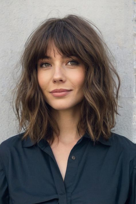 Shaggy Lob with Curtain Bangs Curtain Bangs And Mid Length Hair, Lob Haircut Thick Hair Curtain Bangs, Lob Hair Curtain Bangs, Shaggy Bob Long Bangs, Shaggy Haircuts Curtain Bangs, Boho Curtain Bangs, Lob Bangs Haircut, Lob With Full Bangs, Shoulder Length Hair With Micro Bangs