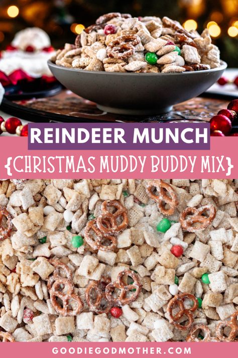 Give Santa what he really wants this year! Whip up a batch of this delicious sweet cereal snack mix with a festive Christmas twist! This Reindeer Munch - aka Christmas Puppy Chow or Muddy Buddies recipe - makes a great treat for movie nights or a fun filler for cookie platters. p.s. - This treat is not for reindeer or puppies. Just humans. Reindeer Munch, Christmas Puppy Chow, Puppy Chow Christmas, Reindeer Chow, Aka Christmas, Puppy Chow Recipe, Christmas Party Snacks, Cookie Platters, Starter Dishes