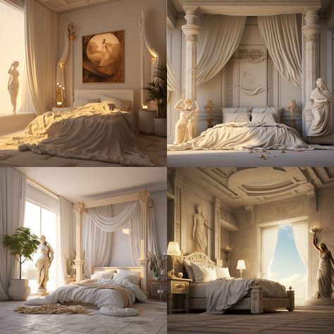 Greek Goddess Interior Design, Ancient Rome Bedroom, Greek Style Room Bedrooms, Greek Aesthetic Interior, Rome Bedrooms, Ancient Greek Inspired Bedroom, Roman Themed Bedroom, Ancient Greek Style Bedroom, Greek Goddess Bedroom