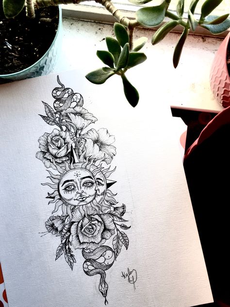 Sun And Moon And Flower Tattoo, Snake And Tree Tattoo, Snake And Skull Tattoo Feminine, Sun Moon Snake Tattoo, Snake And Mushroom Tattoo, Snake Forearm Tattoo Women, Mandala Snake Tattoo, Sun And Moon Sleeve, Lilly Flower Tattoo