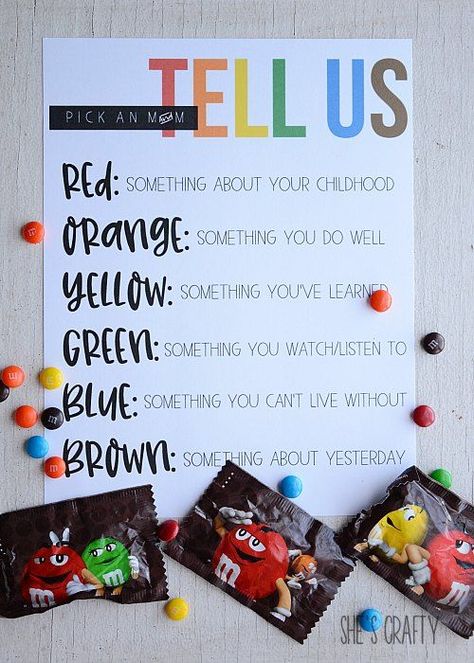 She's crafty: An Easy Way to Get to Know your Group- The M and M game M And M Ice Breaker Game, Get To Know You M&m Game, M&m Icebreaker Game, Getting To Know You Counseling Activity, M M Get To Know You Game Free Printable, M And M Get To Know You Game, M&m Getting To Know You Game, Get To Know Your Class Activities, New Years Games For Kids Activities