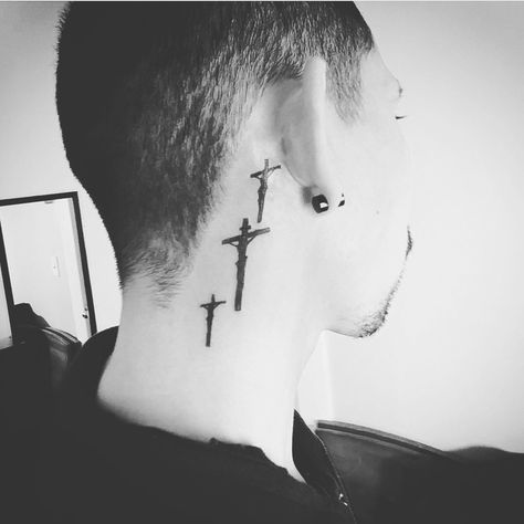 3 crosses Jesus died along normal mens we just men's Around Ear Tattoo, Cross Tattoo Behind Ear, Cross Tattoo Neck, Small Cross Tattoos, 3 Crosses, Simple Cross Tattoo, Behind Ear Tattoos, Tattoo Behind Ear, Side Neck Tattoo