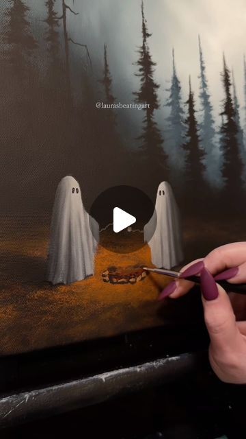 Amanda Laura Smith on Instagram: "Original and prints in my shop! 👻  Blue label gallery wrapped stretch canvas by @fredrixcanvas     #acrylicpaints #acrylicpainting #acrylicpainter #acrylicartist #acrylicart #laurasbeatingart #artist #painting #artwork #garytheghost #ghost #ghostpainting #gothicdecor #gothichomedecor #gothichome #spookyart #art #ghosts" Diy Halloween Ghosts, Halloween Art Projects, Ghost Drawing, Fall Canvas Painting, Ghost Diy, Haunted Forest, Fall Canvas, Fire Painting, Painting Activities