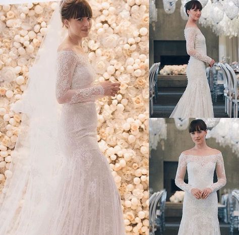 Anastasia Steele Outfits, Christian Gray Fifty Shades, Tv Weddings, Floral Wedding Gown, Christian Grey Jamie Dornan, Fifty Shades Movie, White Lace Wedding Dress, Wedding Movies, Anastasia Steele