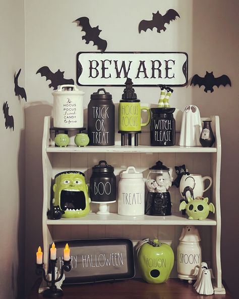 Rae Dunn Halloween Display, Witch Bedroom, Holiday Coffee Bar, Rae Dunn Display, Fall Party Decorations, My 2022, Rae Dunn Halloween, Halloween Kitchen, Dark Cottagecore