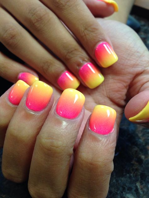 Pink n Yellow ombre Pink To Yellow Ombre Nails, Pink And Yellow Ombré Nails, Yellow And Pink Ombre Nails, Yellow Ombré Nails, Yellow Ombre Nails, Ombré Nails, Pink Ombre Nails, French Manicure Nails, Yellow Ombre