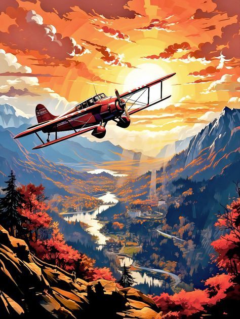 Biplane Art, Adventure Painting, Landscape Plane, Adventure Illustration, Plane Drawing, Plane Art, Cute Monsters Drawings, Plane Flying, Automotive Illustration