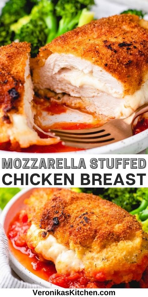 Breaded chicken breast, stuffed with mozzarella cheese, with tomato sauce and broccoli on a plate. Panko Crusted Chicken Breast, Mozzarella Stuffed Chicken Breast, Mozzarella Stuffed Chicken, Baked Stuffed Chicken, Panko Crusted Chicken, Chicken Breast Stuffed, Crusted Chicken Breast, Chicken Breast Recipes Baked, Stuffed Chicken Breast