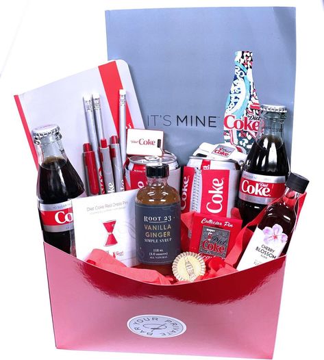 🥤”Taste the Feeling” of Diet Coke, and gift this basket for the soda lover in your life! We wanted to create this non-alcoholic, @dietcoke package to showcase that not all baskets need alcohol to be fun (though it helps). We added @root23simplesyrups’s Vanilla-Ginger, and @drinkyourflowers’ Cherry Blossom to add some flavor to their soda. Message us to order this basket, or email Cheers@YourPrivateBar.com now! Diet Coke Gift, Coke Gifts, Auction Gift Basket Ideas, Auction Basket, Auction Baskets, Diet Coke, Non Alcoholic, Gift Baskets, Cherry Blossom