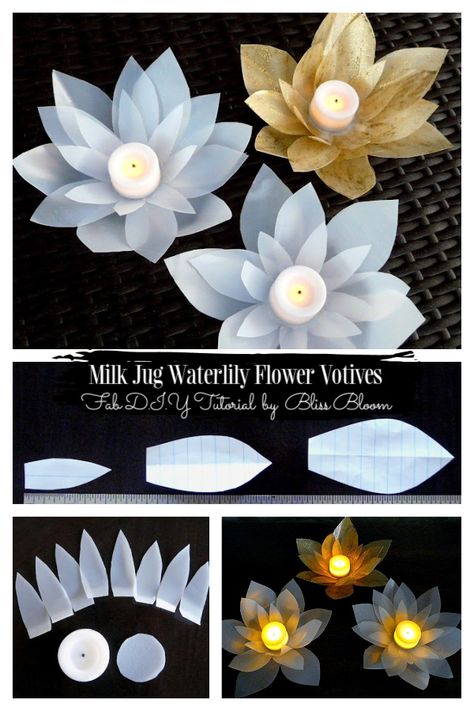 Milk Jug Waterlily Flower Votives DIY Tutorial - DIY Tutorials Milk Jugs Christmas, Recycled Milk Jug Crafts, Votives Diy, Recycled Crafts Kids Projects, Milk Carton Crafts, Milk Jug Crafts, Old Milk Jugs, Diy Winter Wedding, Recycled Crafts Kids