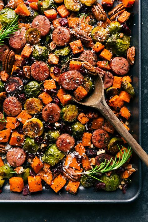 Harvest Vegetables and Sausage (ONE PAN!) | Chelsea's Messy Apron Sausage One Pan, Harvest Vegetables, Braised Chicken Breast, Fall Veggies, Chelsea's Messy Apron, Sheet Pan Suppers, Sheet Pan Dinners Recipes, Fall Recipes Healthy, Autumn Recipes